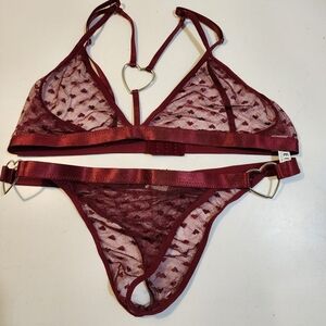 SHEIN Red Sheer Polka-Dot Bralette Lace Underwear Set Size L